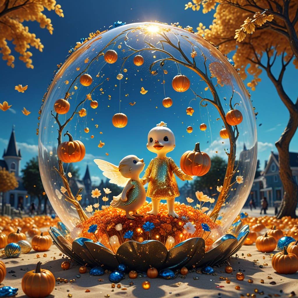 Surreal Halloween Night with Flying Pumpkins and City in Flo...
