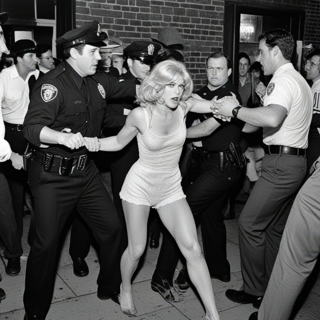 1969. Outside of the Stonewall Bar, men dressed as women cla...