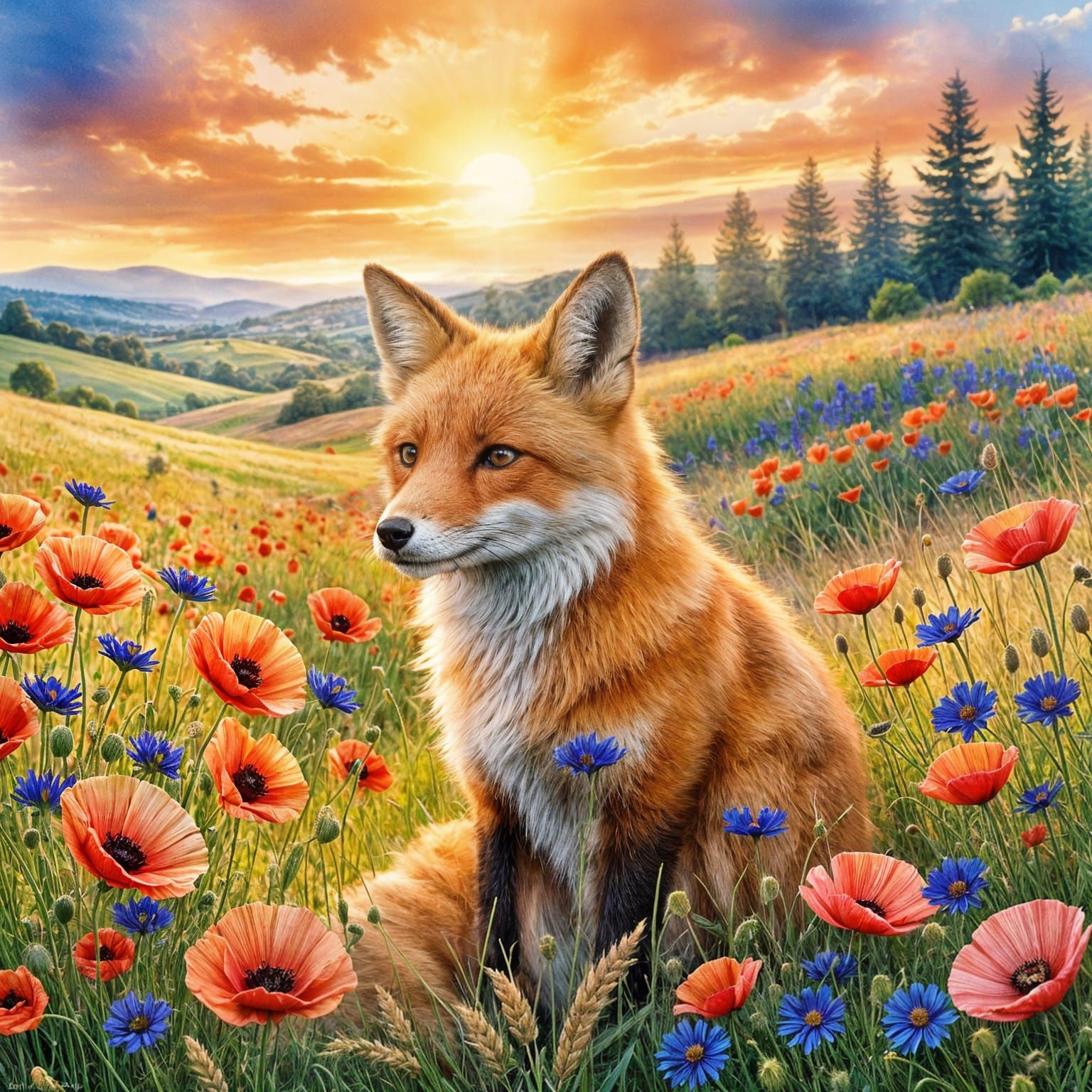 Summer Field Watercolor with Fox and Gold Accents