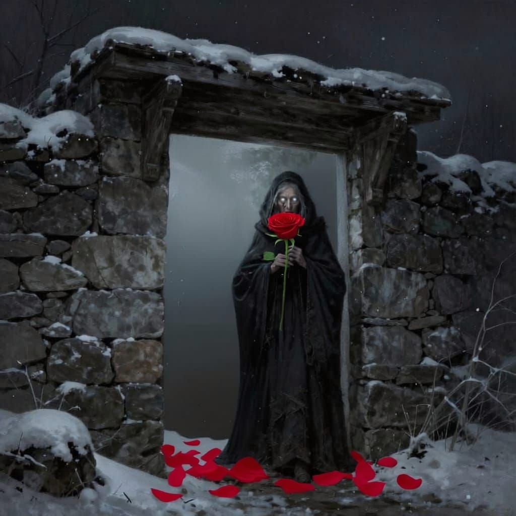 Mysterious Old Woman Emerges from Snowy Hillside Door