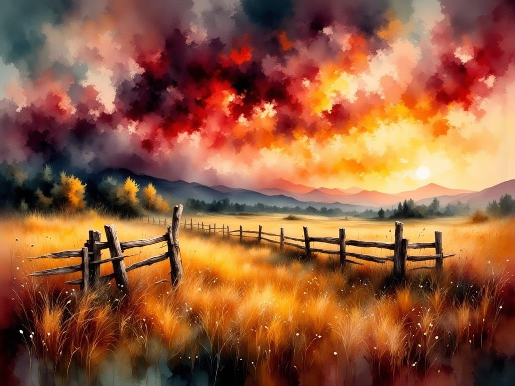 Watercolor Landscape of Abandoned Pasture at Dusk