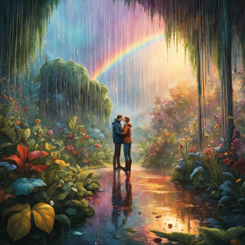 Romantic Fantasy Garden in Vibrant Colors and Crystal Raindr...