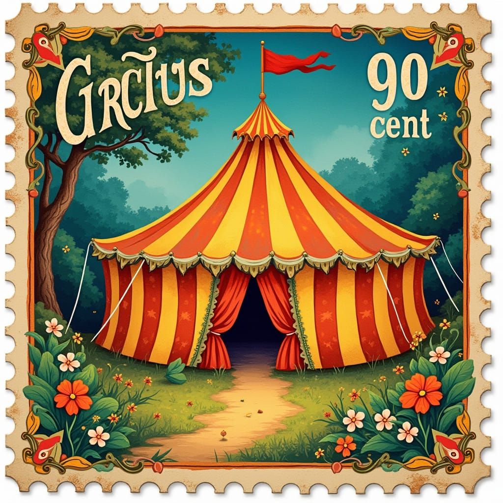 Vibrant Vintage Circus Stamp in Golden Hues