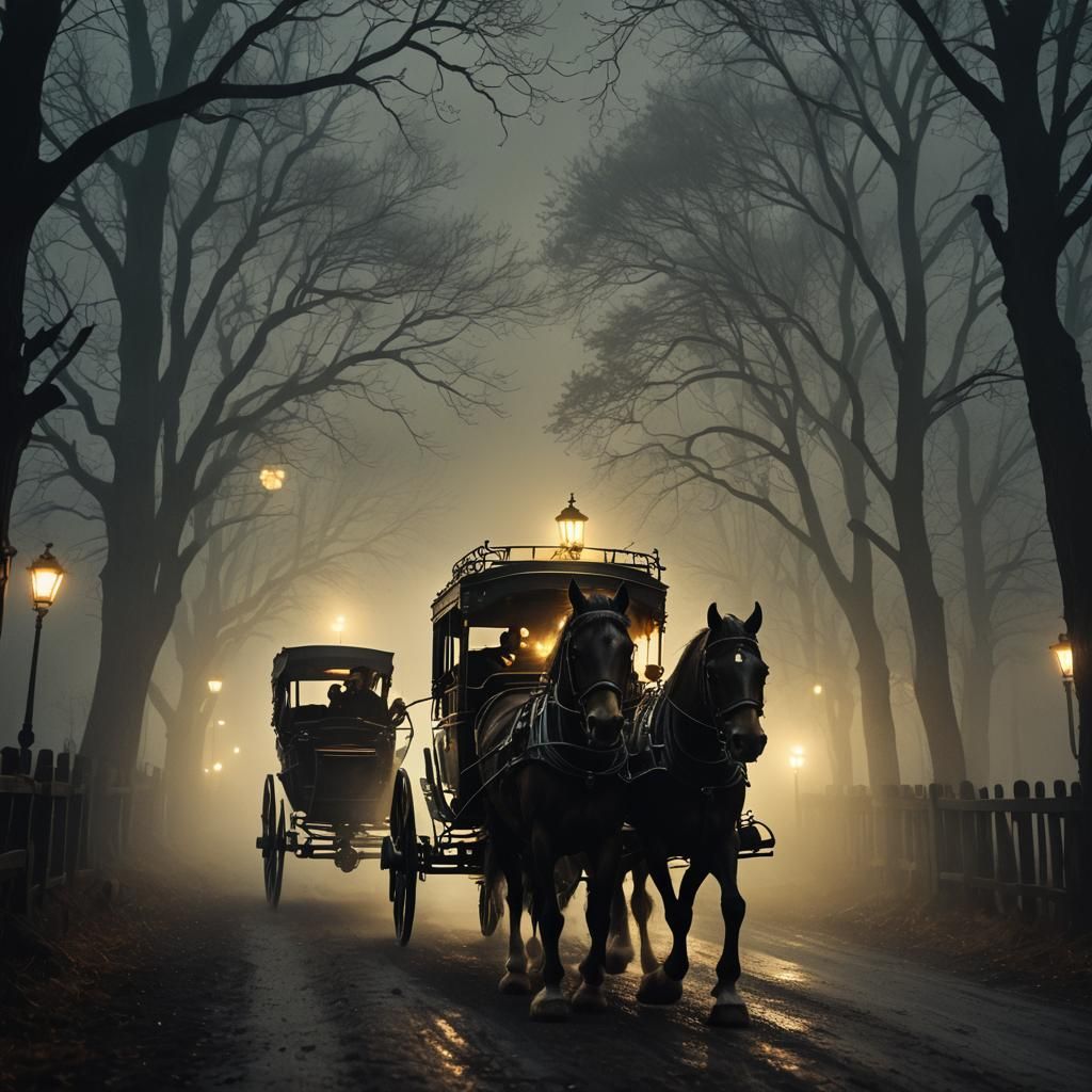 Gothic Coachman in Dense Fog: Digital Art