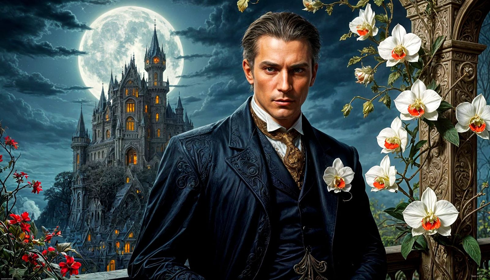 Vampire in a Storm: 1950s Lithograph with Orchid