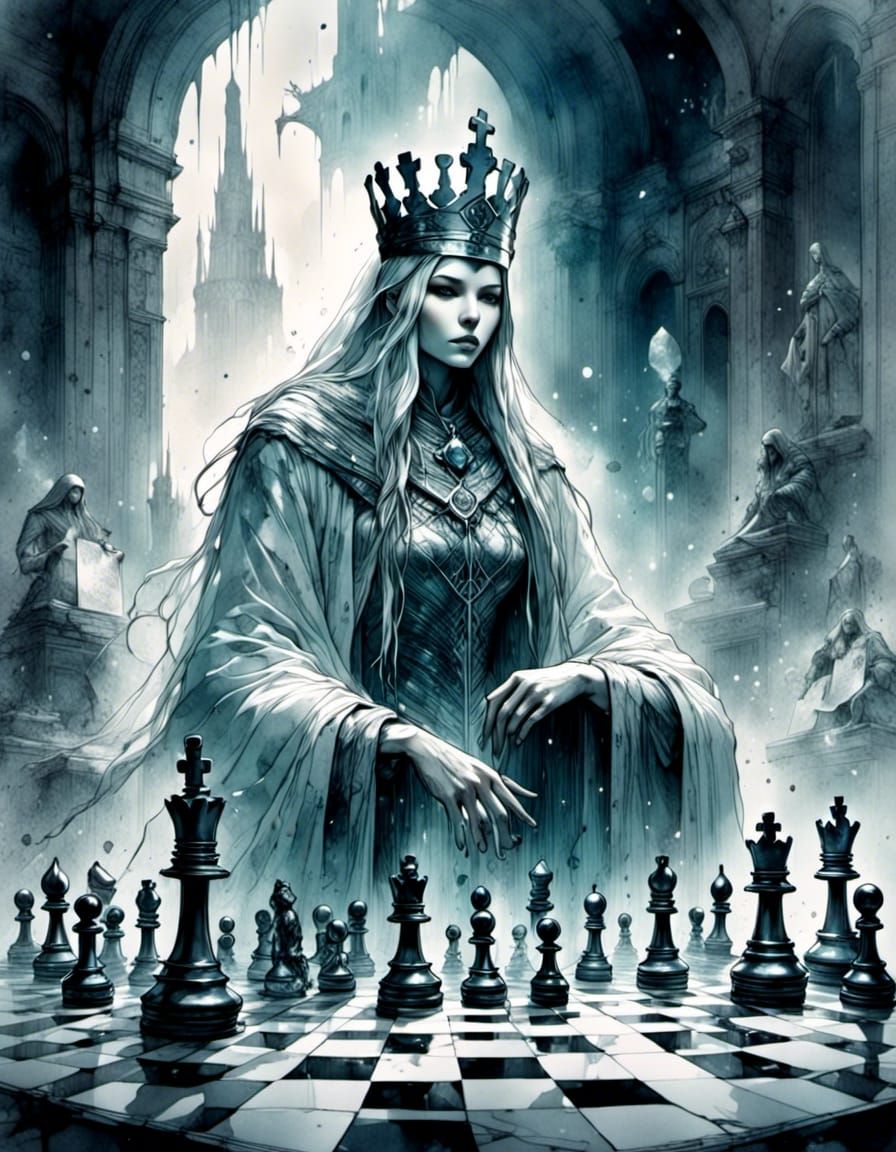 Chess King Becomes Queen's Spirit in Watercolor Sketch