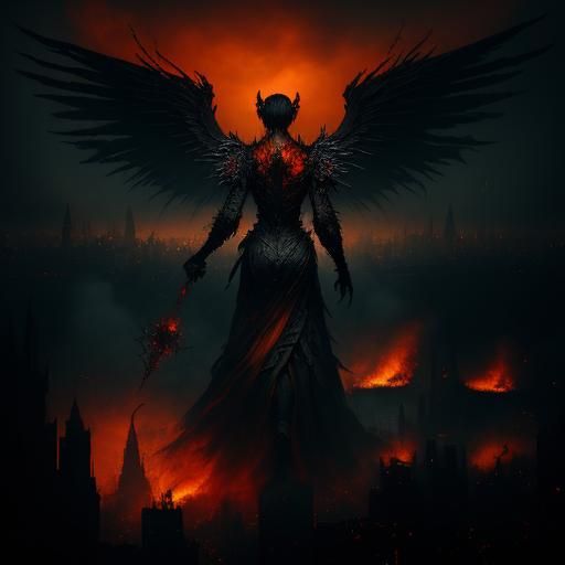 Menacing Winged Figure Descends on Gothic Cityscape