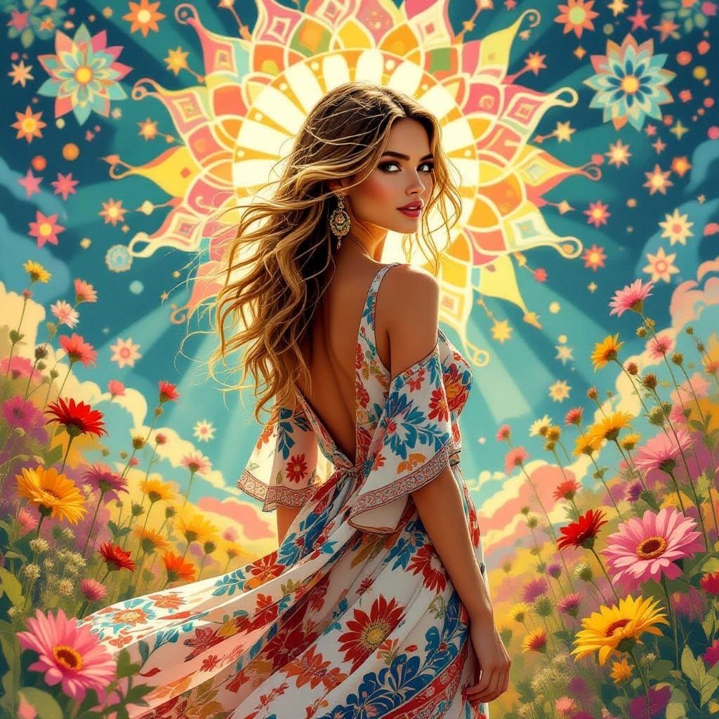 Woman in Vibrant Bohemian Dress with Flowing Hair