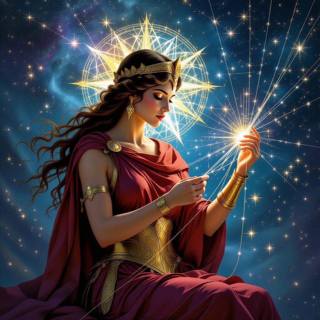 Athena Weaver of Fate in Cosmic Tapestry