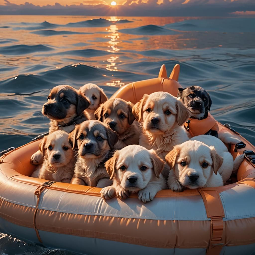 Puppies' Sunset Voyage: A Matte Painting