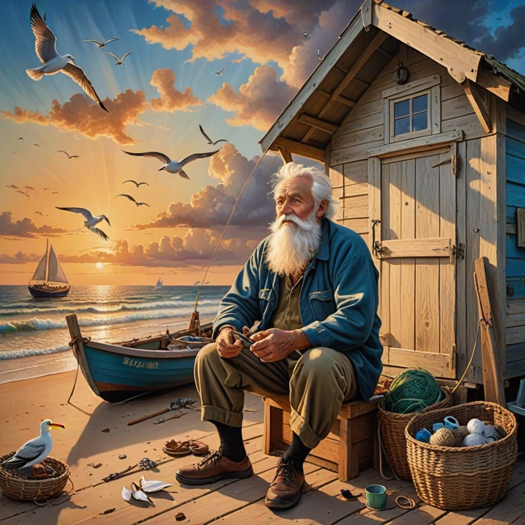 Elderly Fisherman at Sunset: A Photorealistic Painting