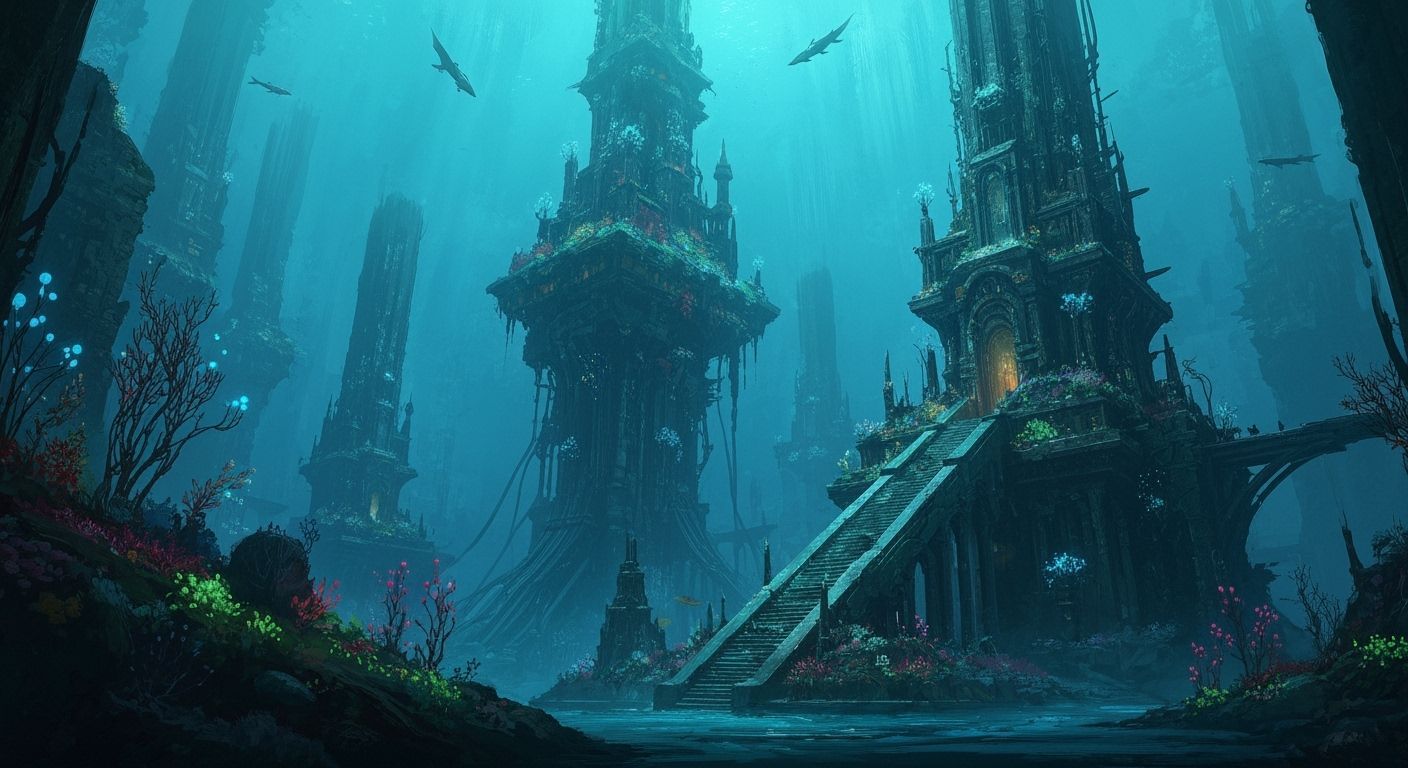 Submerged Biomechanical Atlantis City in Deep Sea