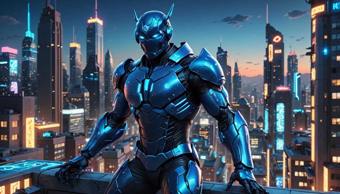 Blue Beetle Heroic Pose in Anime Sci-Fi Cityscape