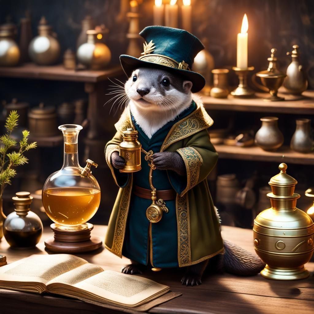 baby otter alchemical glowing magical gold potion