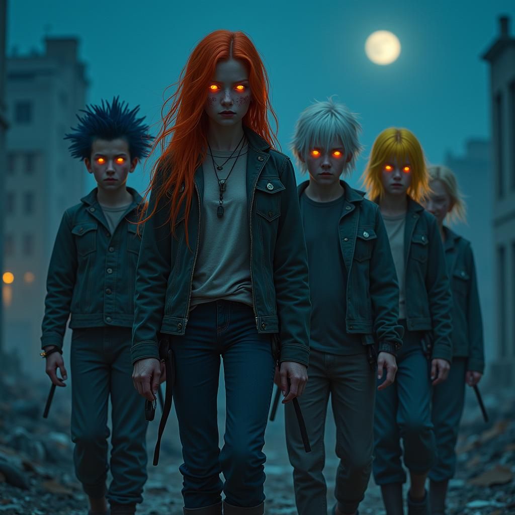 Battle-Hardened Figures on Ruined Rooftop as Digital Matte P...