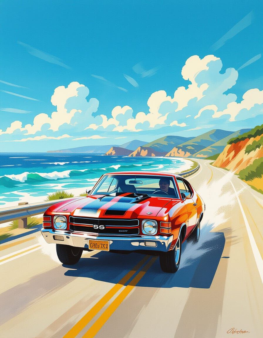 1971 Chevrolet Chevelle SS on Coastal Highway in Gouache Sty...