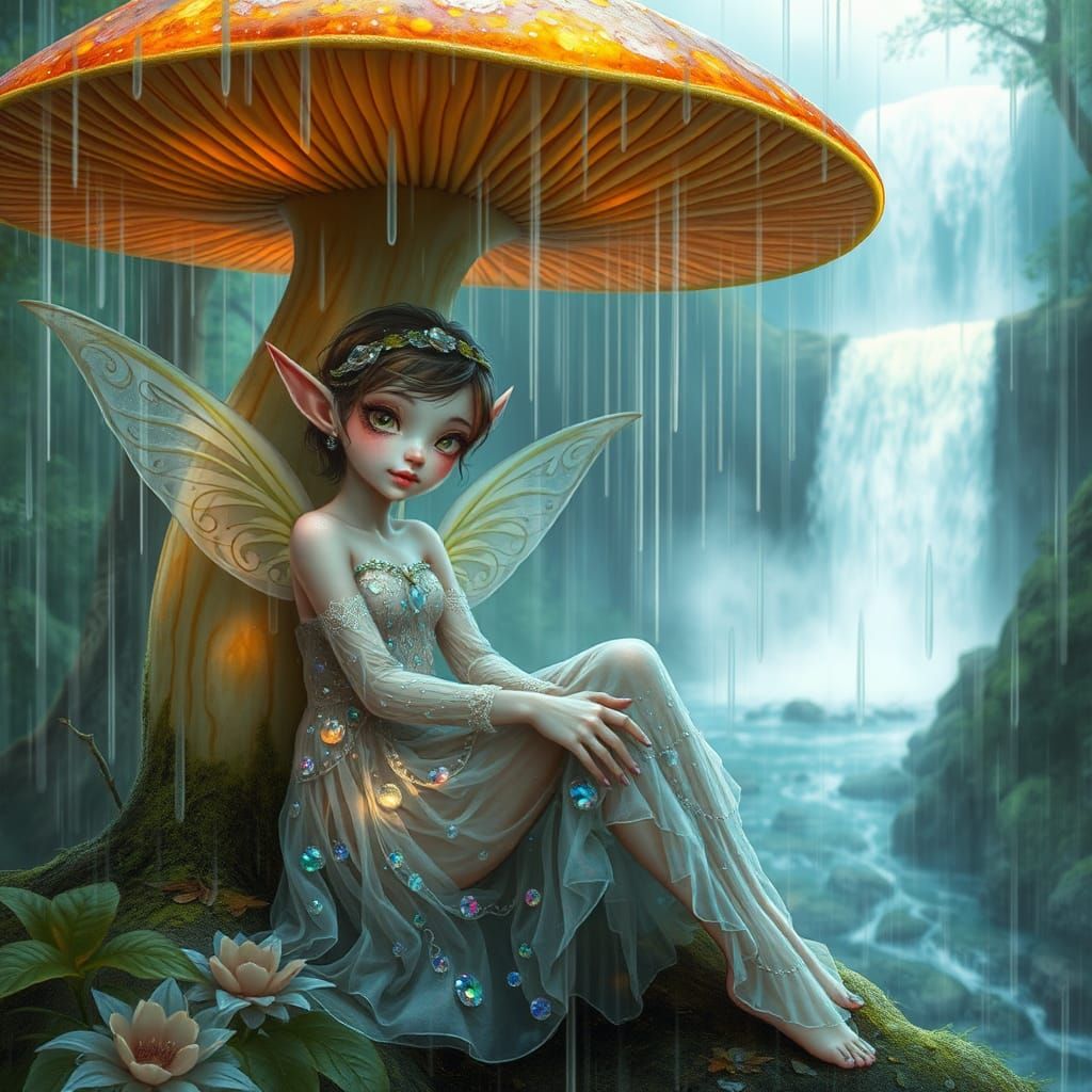 Ethereal Fairy Under Mushroom in Rainy Forest