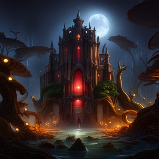 Lava Swamp Temple Under Starry Sky