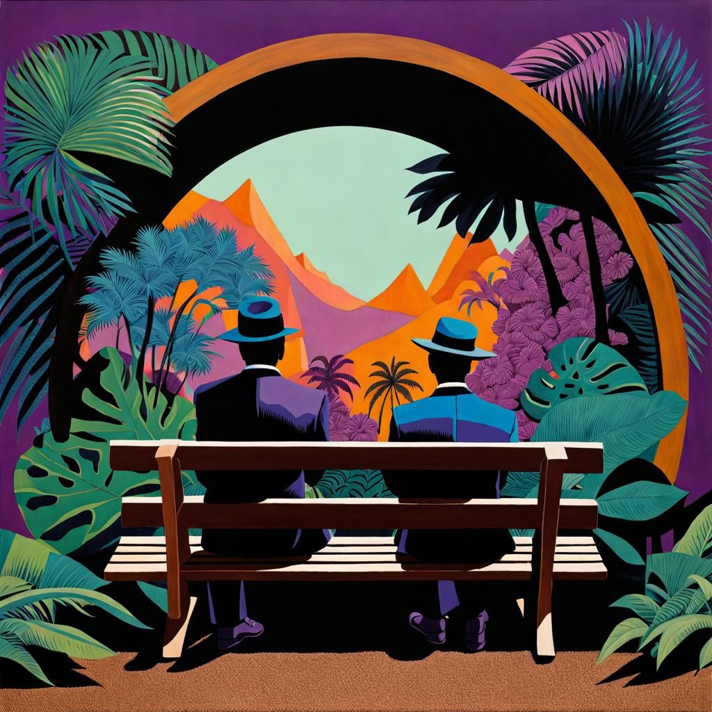Men on Bench in Tropical Wood Paradise