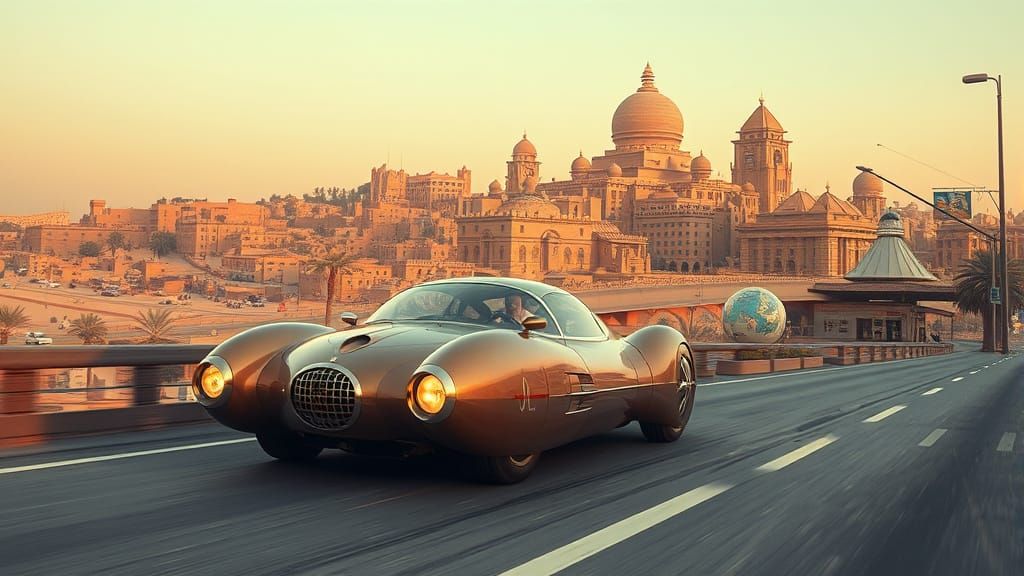 Retro-Futuristic Egyptian Automobile in Ancient City