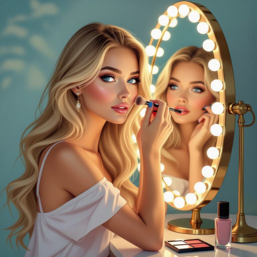 Young Woman Applying Makeup Before Illuminated Mirror