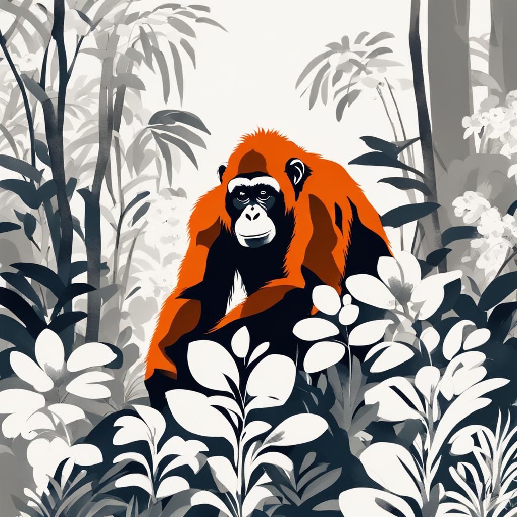 Orangutan in Jungle Flowers, Chinese Ink Painting