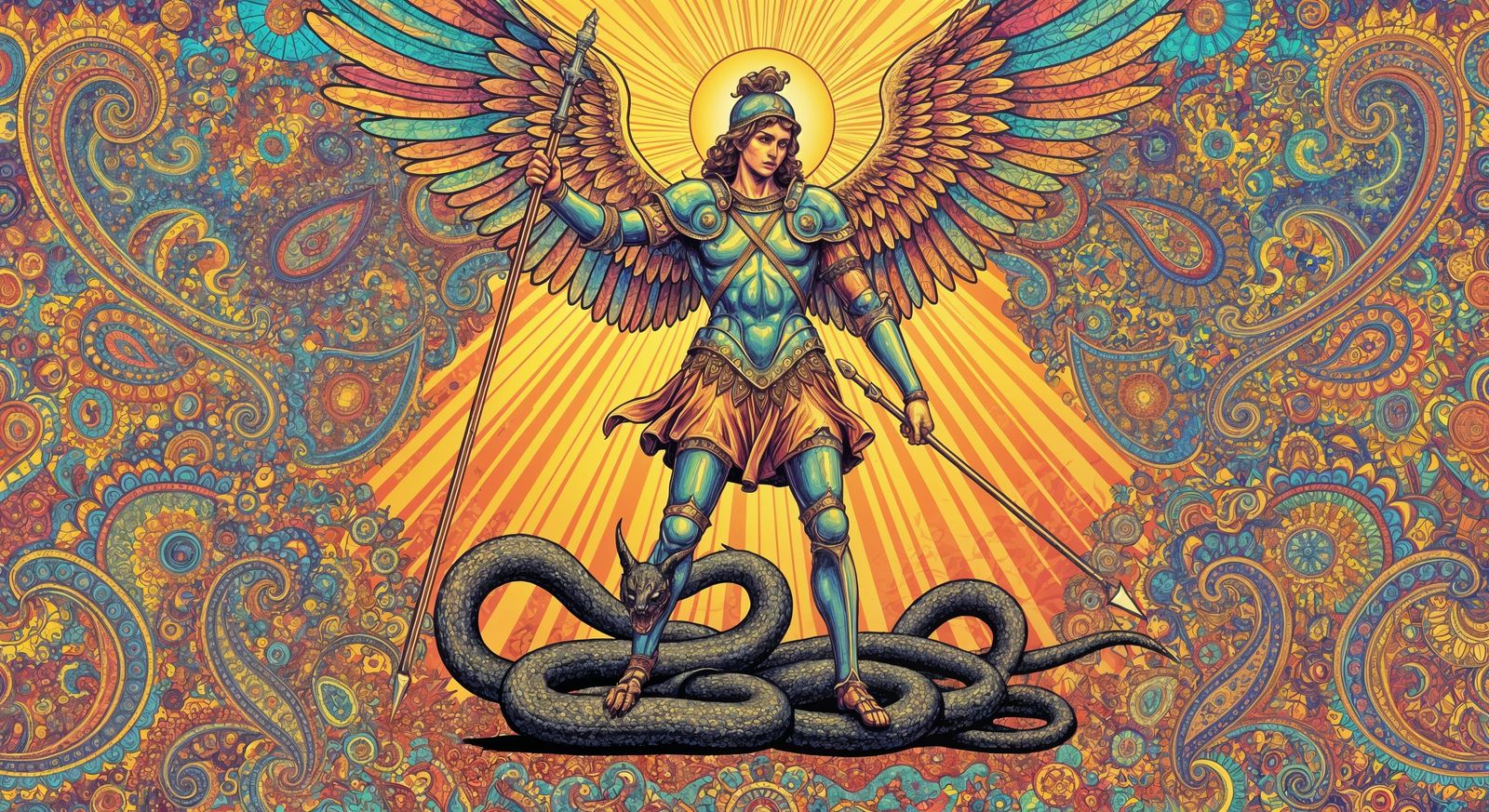 Archangel Michael Defeats Satan in Psychedelic 60s Art Style