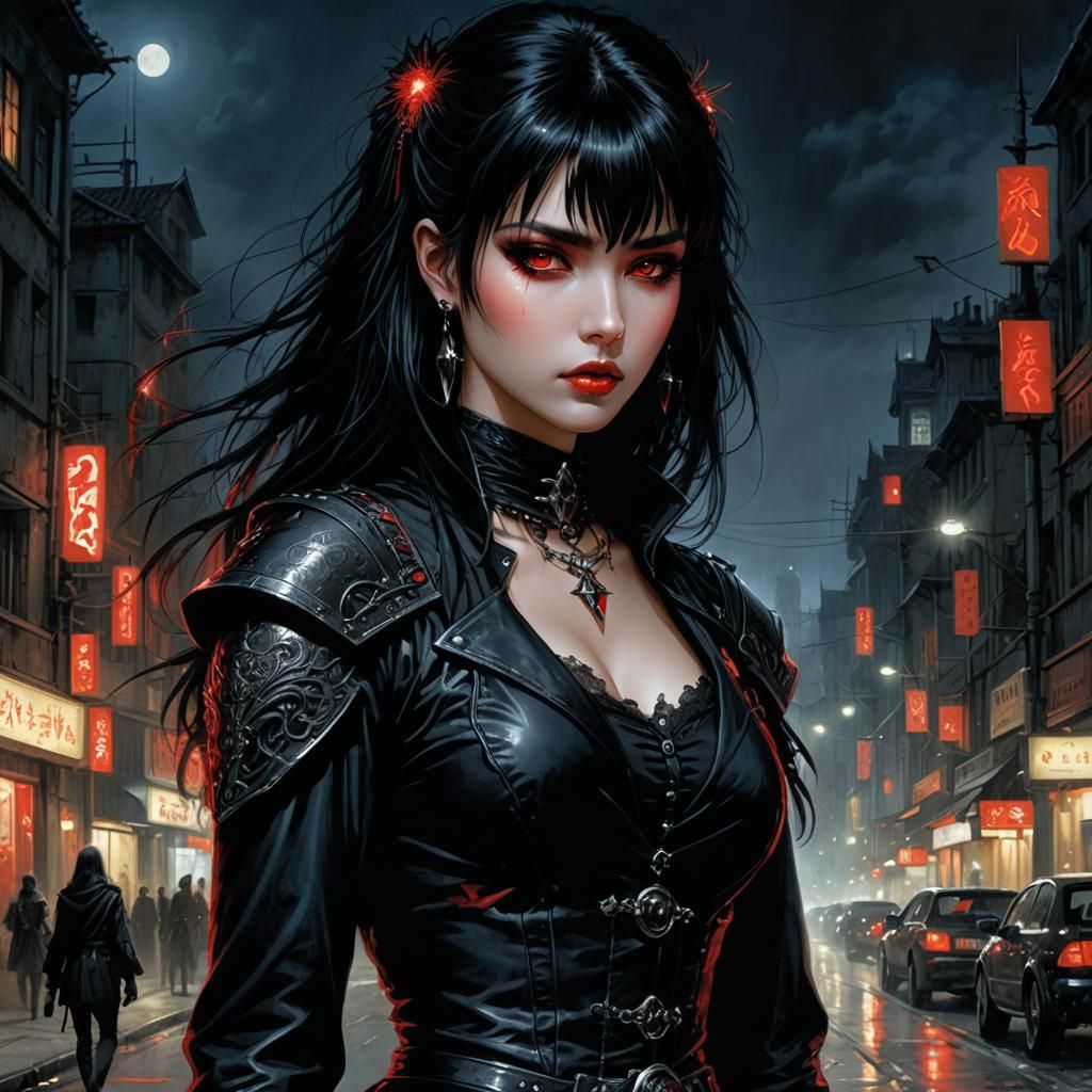 incredibly detailed portrait illustration by Luis Royo :: beautiful goth girl with short raven-black hair, long full ban...