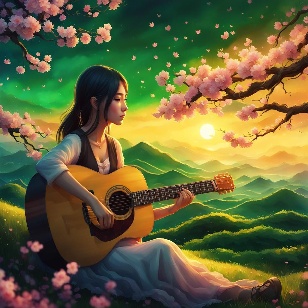 Girl with Guitar in Watercolor Chinese Landscape