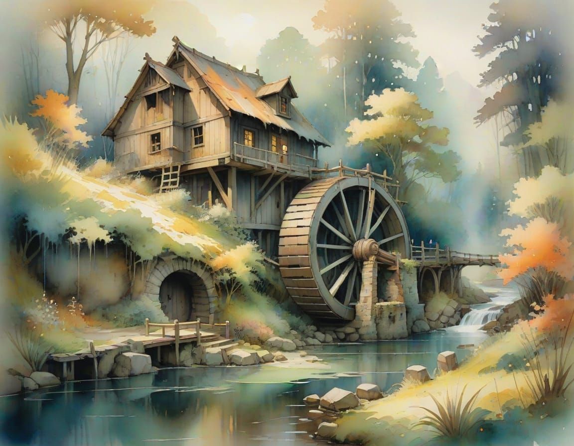 Whimsical Waterwheel Scene in Dreamy Watercolor