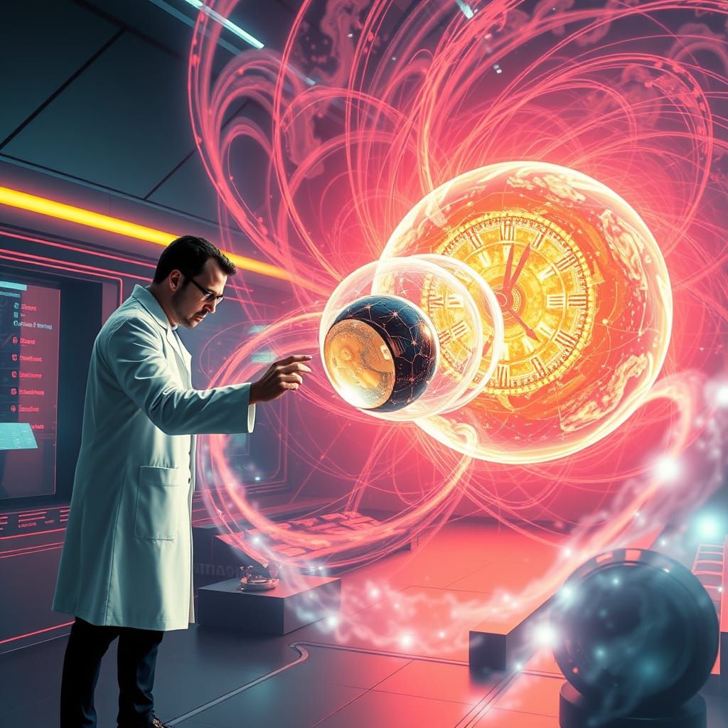 Futuristic Scientist Manipulates Space-Time Warp with Glowin...