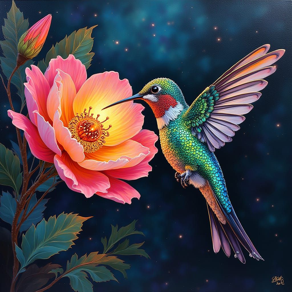 Hummingbird Sips Nectar: Art Nouveau Holographic Illustratio...