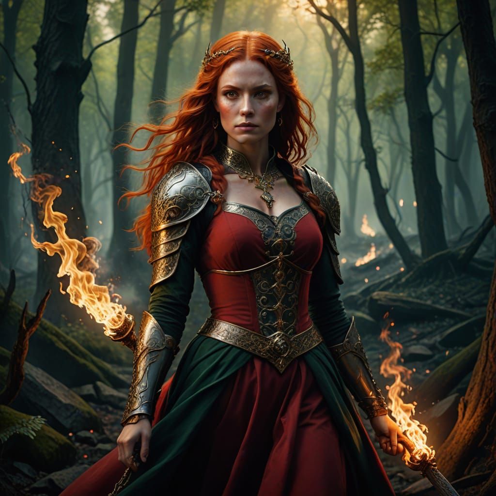 Red-Haired Woman with Glowing Eyes in Fiery Forest