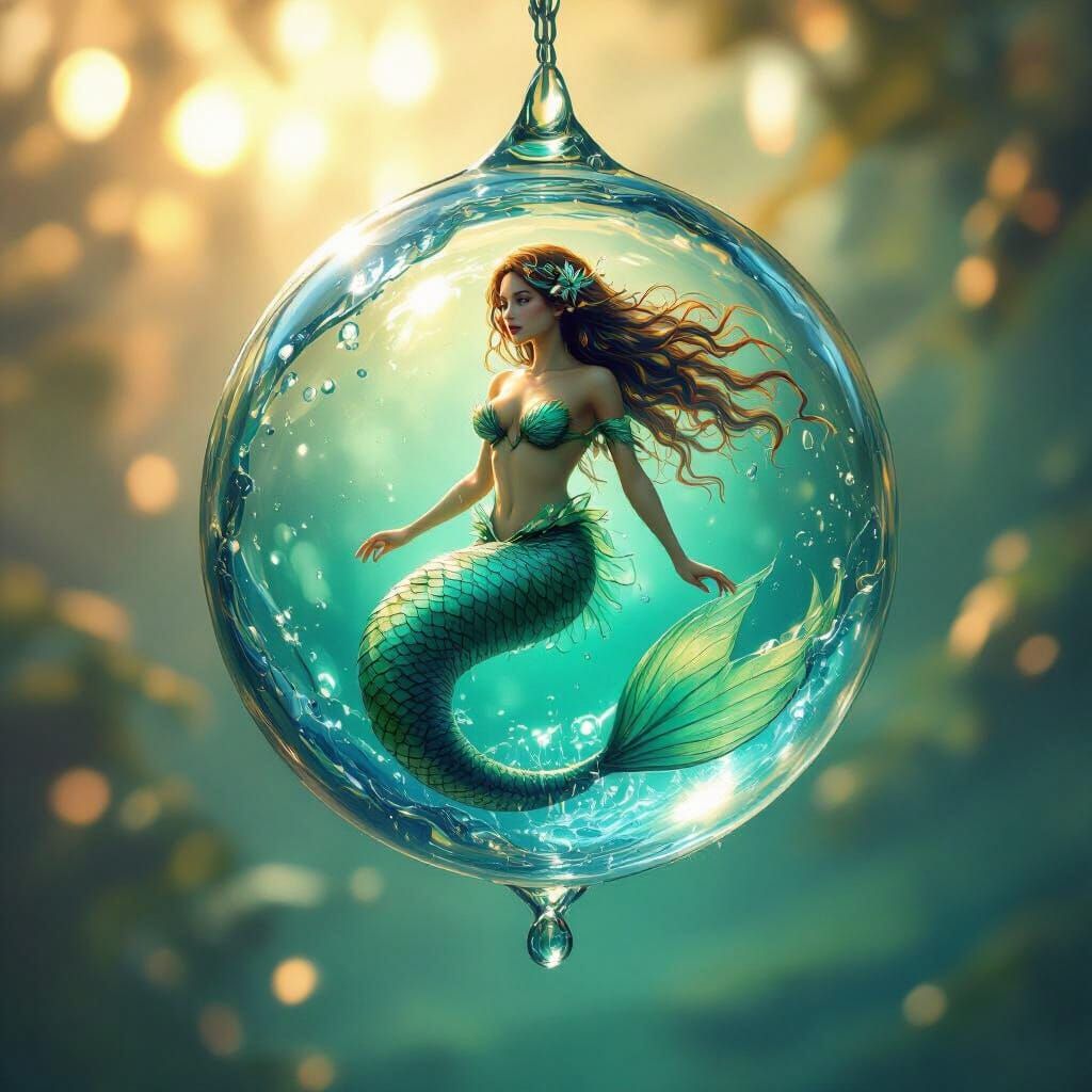 Mermaid Trapped in Water Droplet, Fantasy Matte Painting