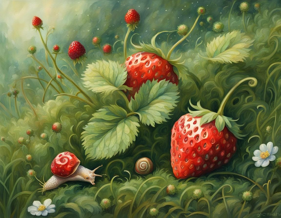 Strawberry Bush with Snail, Ethereal Fantasy Art