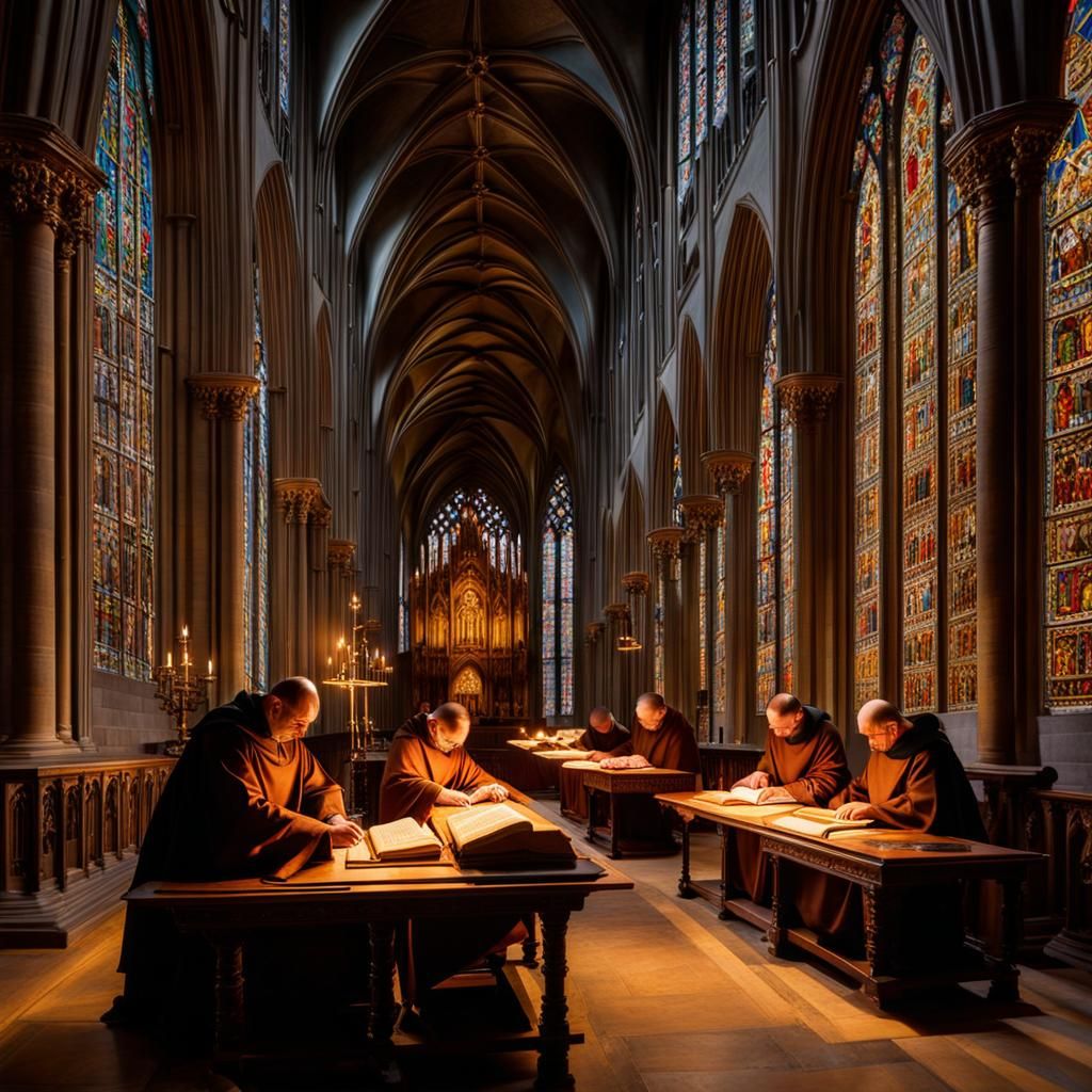 Medieval Monks Transcribing Bibles in Gothic Cathedral