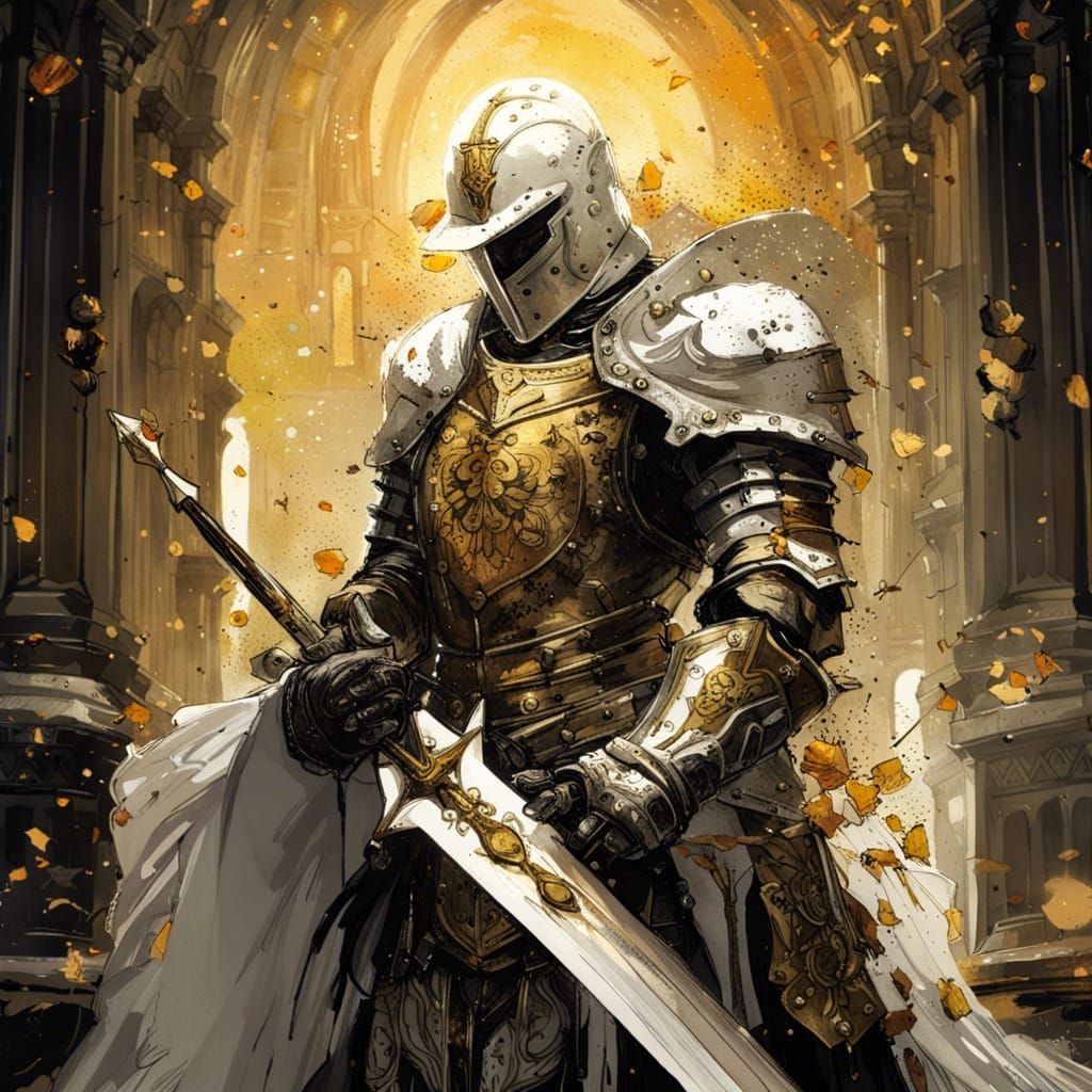 Gothic White Knight in Rose Garden Under Sunlight