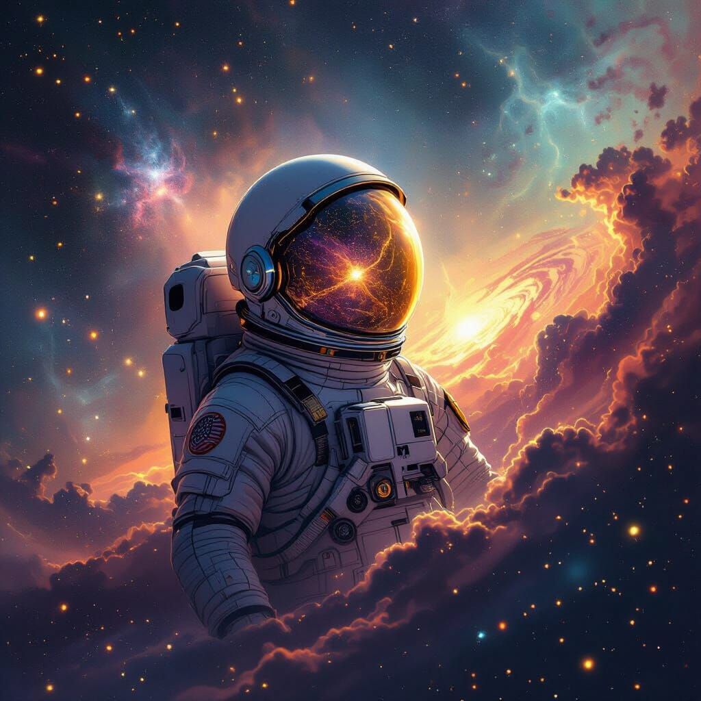 Astronaut Adrift in Nebula, Helmet Reflects Galaxy