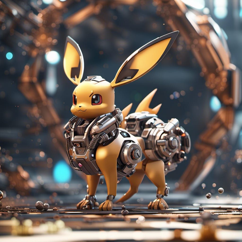 Futuristic Mecha Eevee in Sci-Fi Cityscape