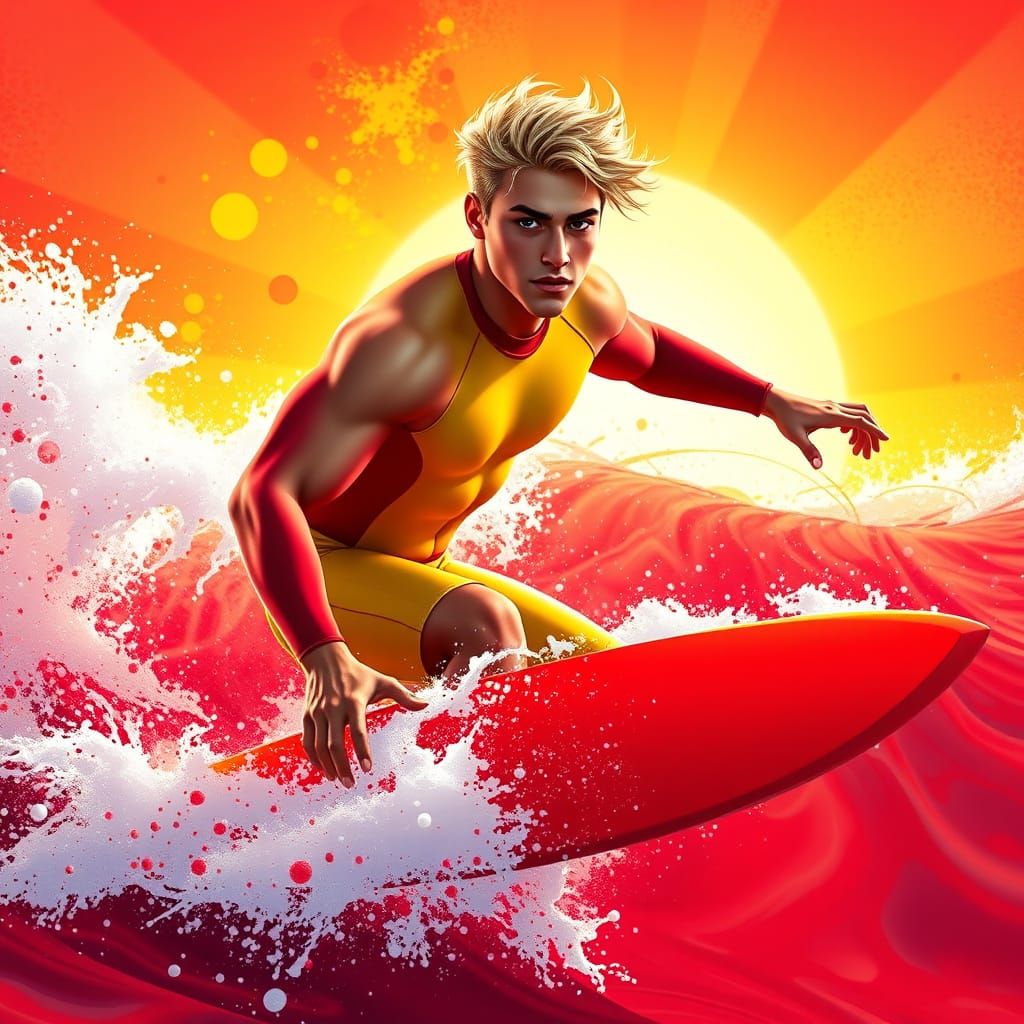 Dynamic Red and Yellow Surf Rider in Vibrant Kaleidoscope