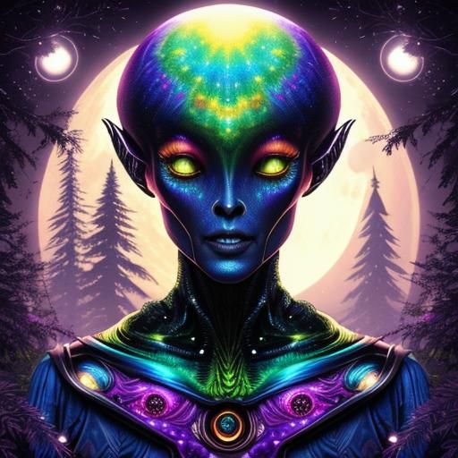 Hyperrealistic Alien in Psychedelic Mirrored World
