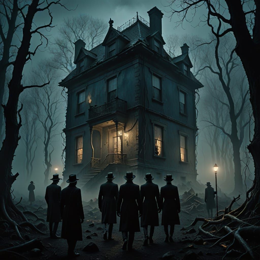 Eerie Surrealist Landscape with Decaying House in Misty Fore...