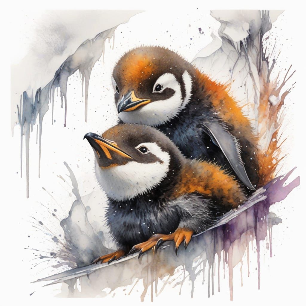Penguin Chicks Slide Down Crystal Iceberg in Watercolour Sty...