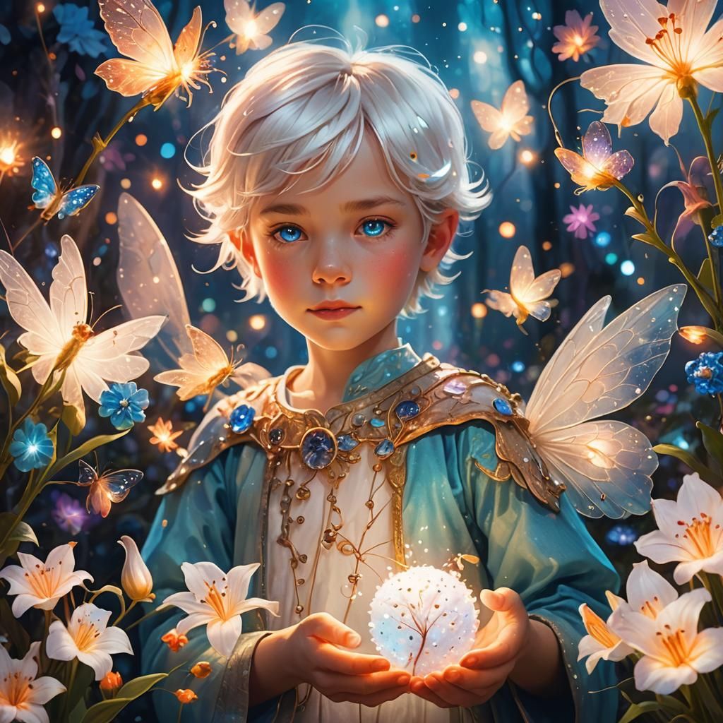 Fantasy Illustration: Boy, Lady, Fairies, and Flowers