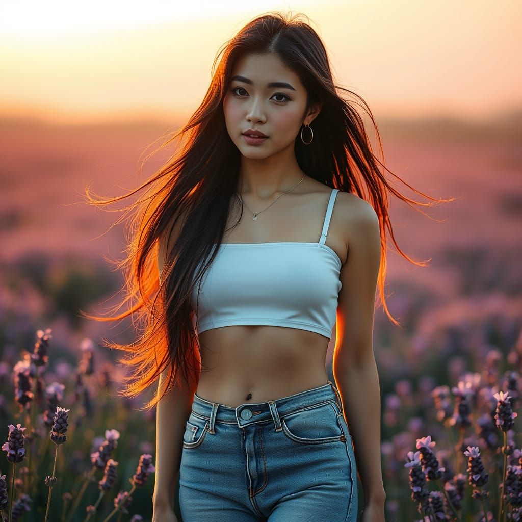 Japanese Woman in Lavender Field at Sunset