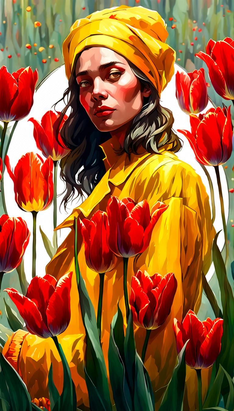 Woman in Yellow with Red Tulips: Digital Portrait