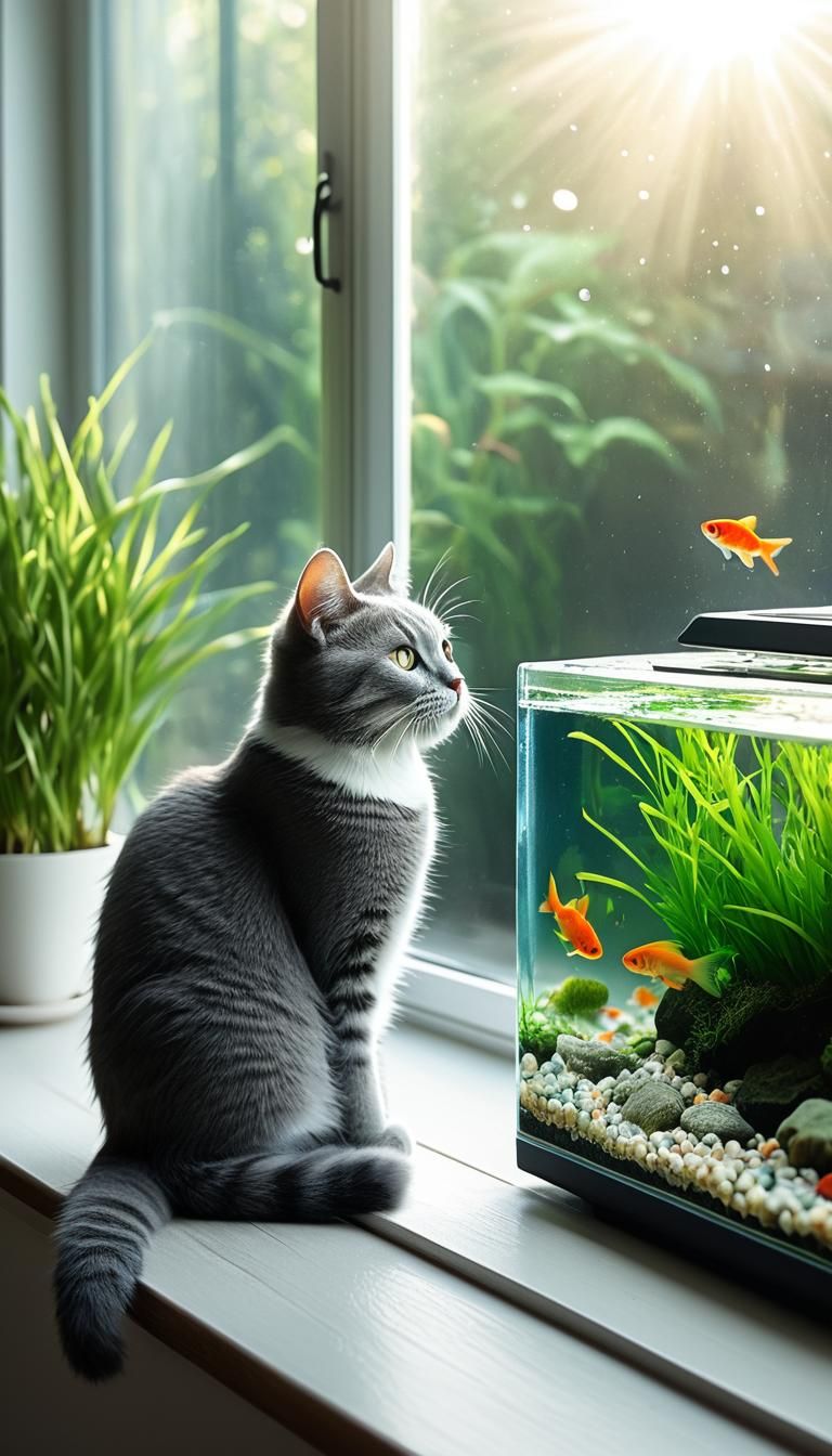A gray cat watching a fish tank. The fish tank has plants in...