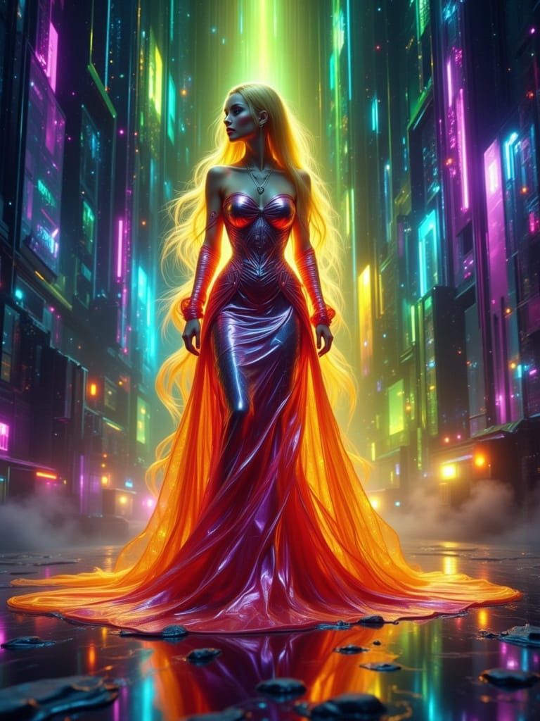 Cyberpunk Empress in Iridescent Evening Gown