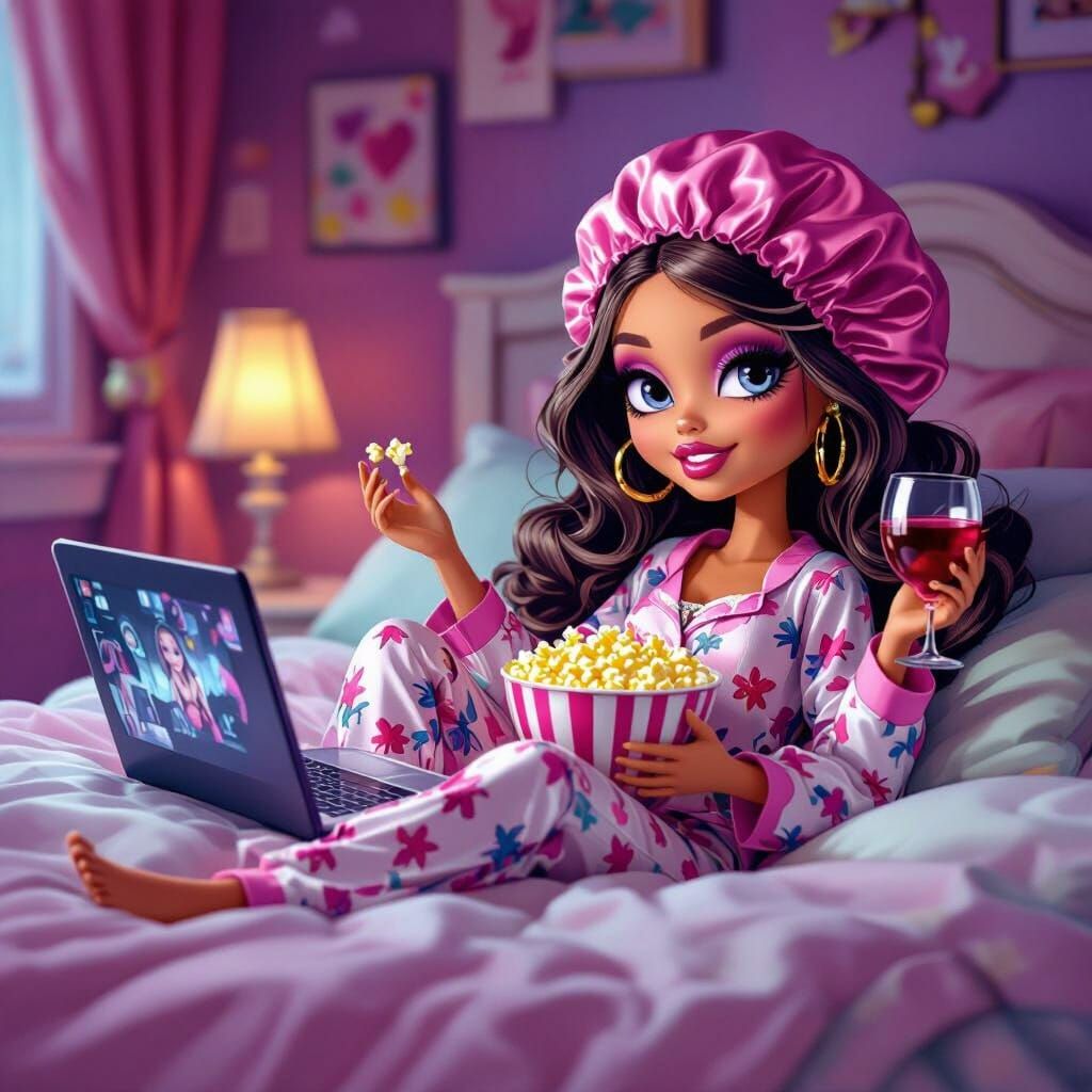 Bratz Doll Relaxing in Bed with Popcorn and Wine