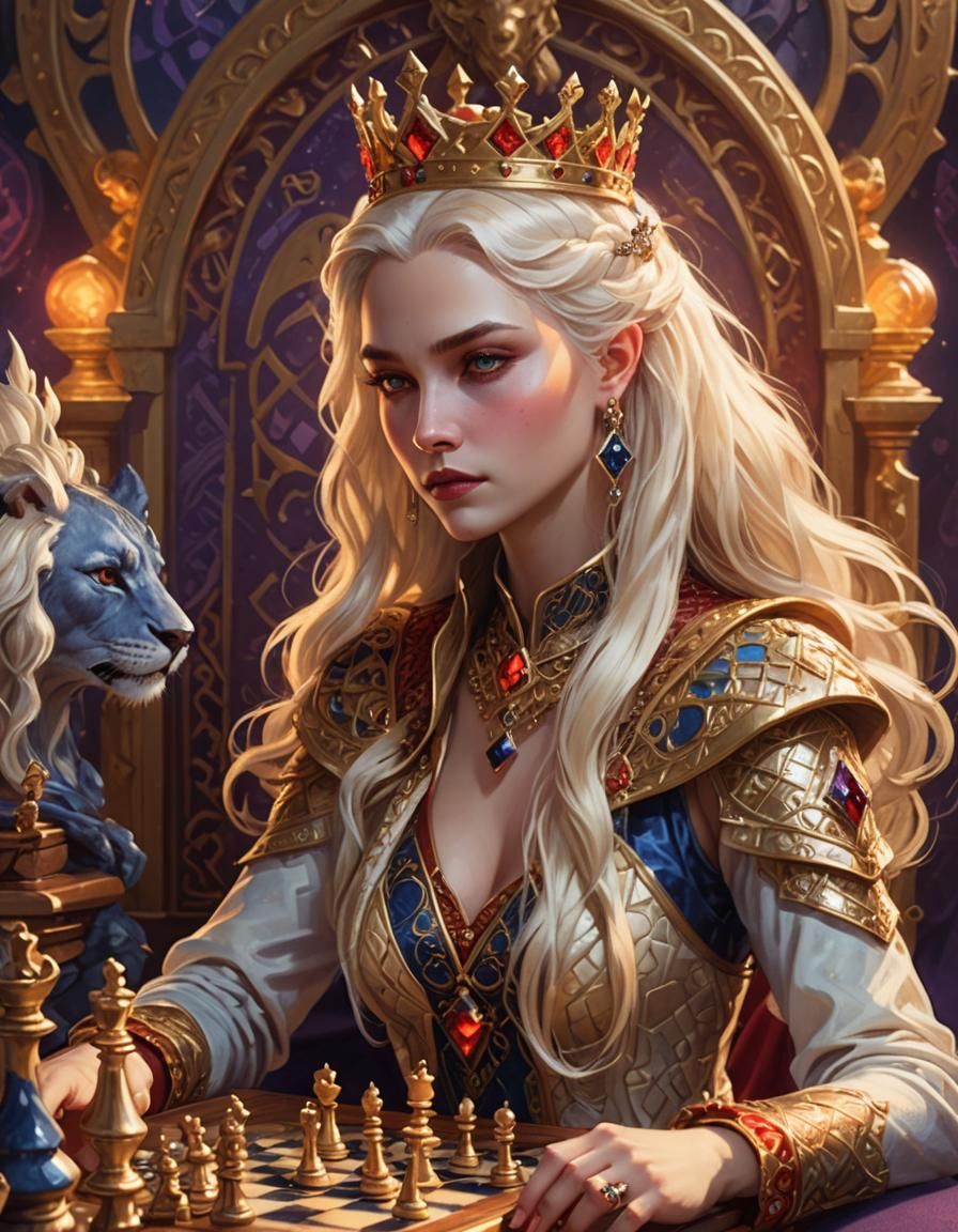 Blonde Queen Playing Chess in Art Nouveau Style